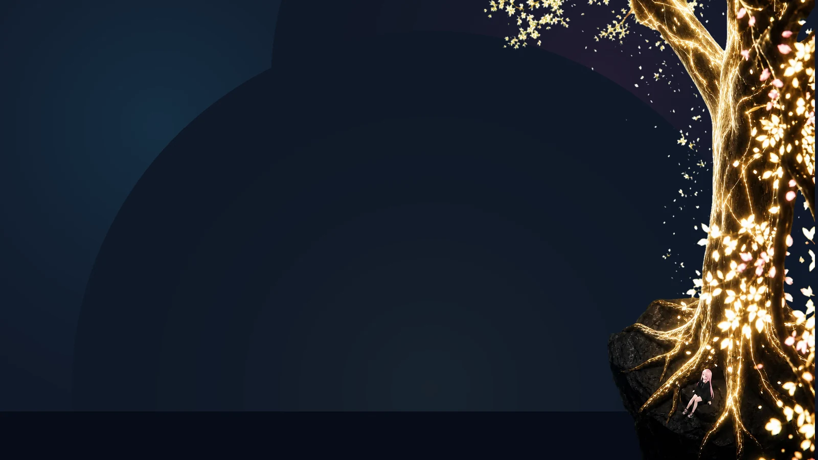 Tiny pink-haired Milim sits beneath a monumental glowing Arbor tree in an indigo night garden.