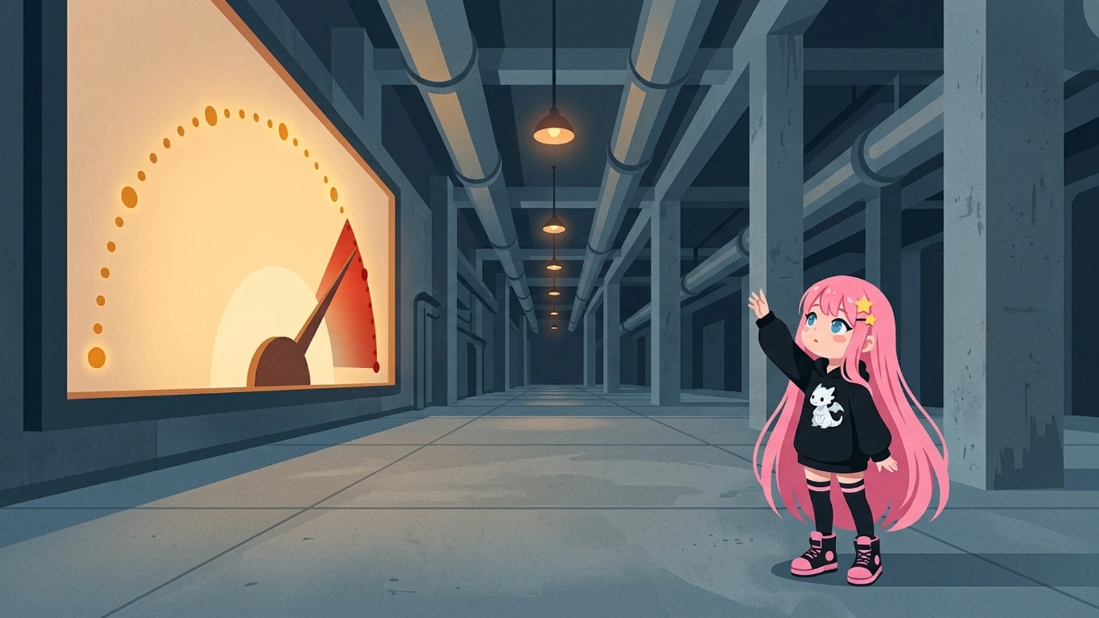 Tiny pink-haired Milim stands at the base of a monumental amber-lit utility meter in a vast slate industrial hallway, reaching toward its rising dial.