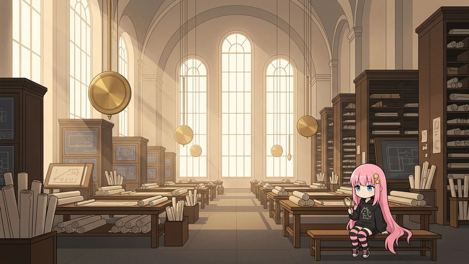 Tiny pink-haired Milim sits peacefully on a wooden bench in a vast, sunlit neoclassical drafting cathedral and horology archive, holding a brass magnifying lens amid blueprint tables and suspended brass pendulums.