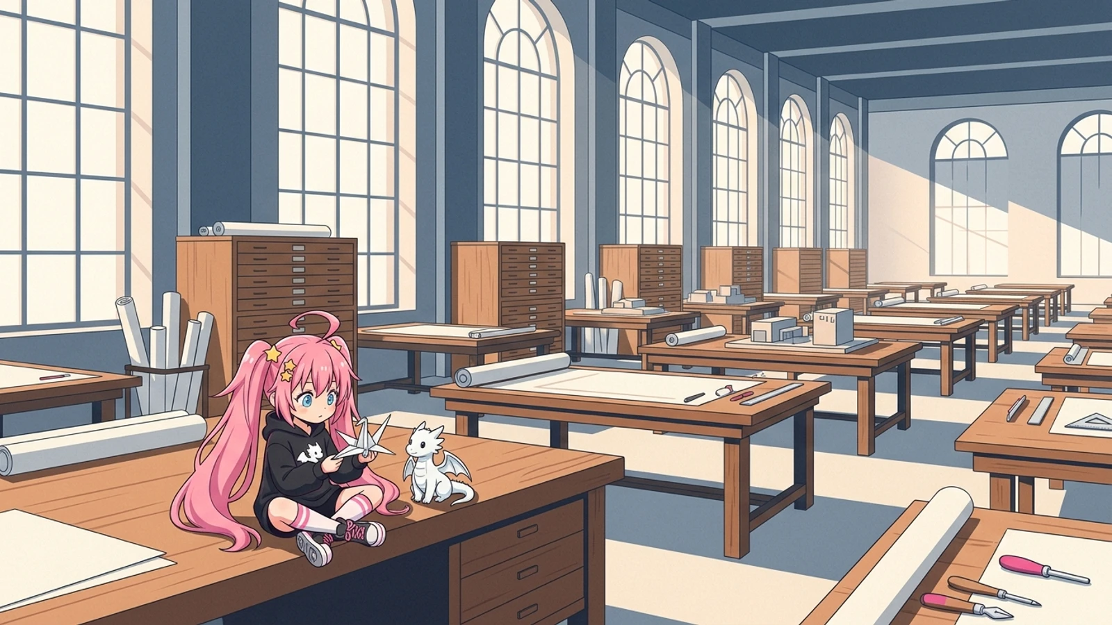 Tiny pink-haired Milim sits cross-legged on a wooden workbench in a vast, sunlit architectural drafting studio, curiously examining a folded paper crane.