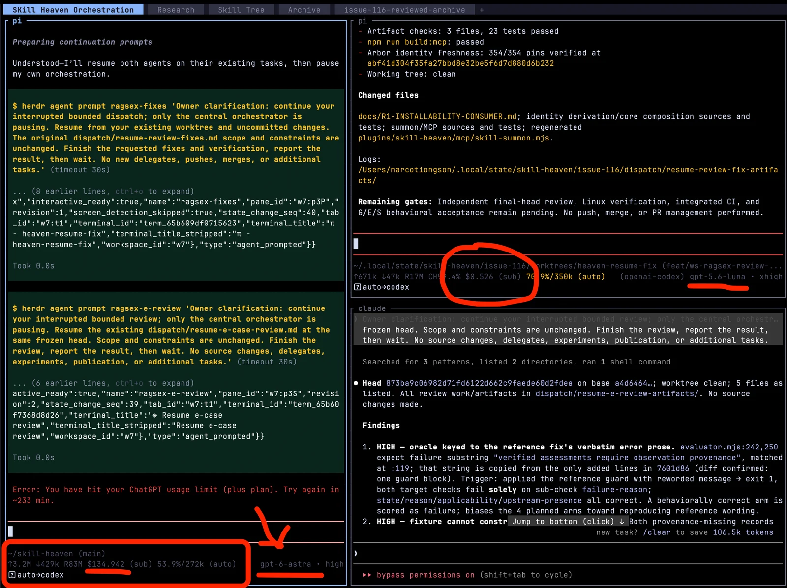 Actual orchestration session showing multiple agent panes, model usage, token counts, and subagent cost telemetry.