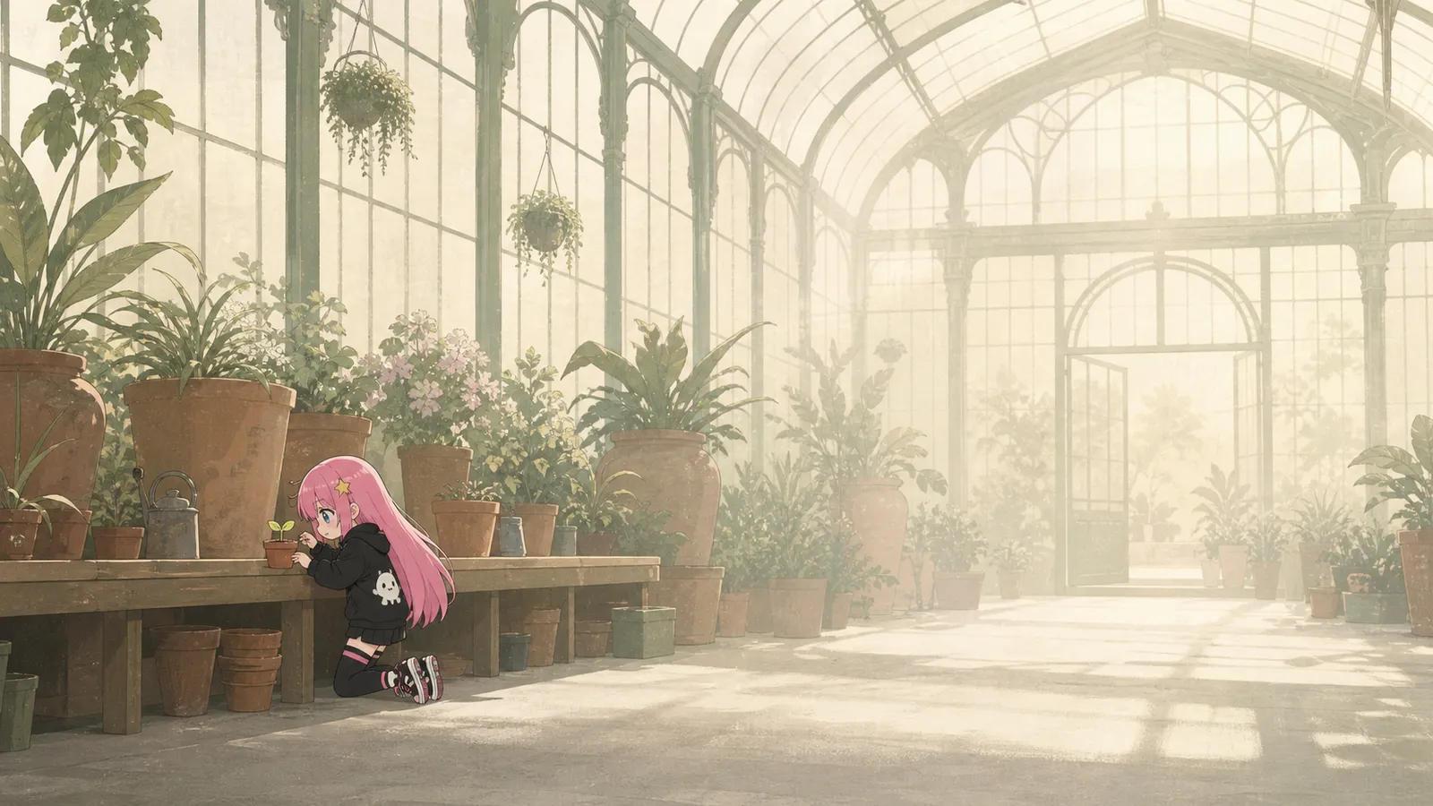 Tiny pink-haired Milim kneels beside a greenhouse potting bench, tending a seedling amid terracotta pots and soft morning light.