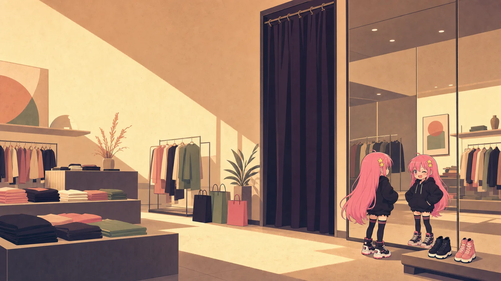 A happy Milim trying on an outfit in a sunny mall fitting-room mirror.