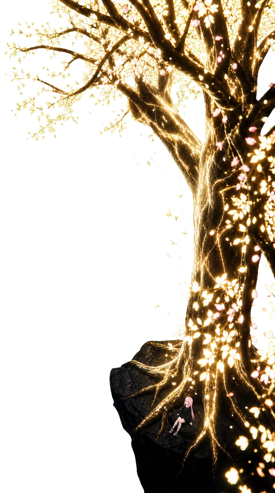 Milim rests beneath the roots of a colossal luminous golden skill tree as petals fall through its branches.